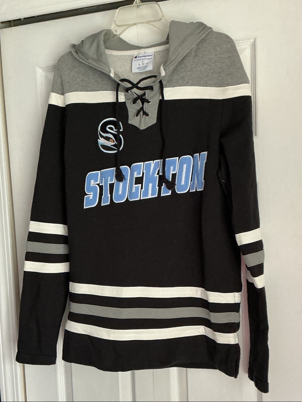 Champion Lace-Up Hooded Sweatshirt in Black, Gray & White
